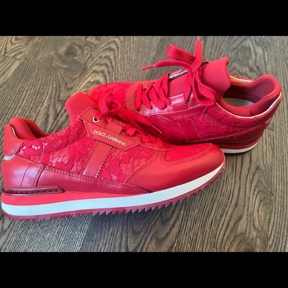 Dolce & Gabbana Red Floral Lace Leather Sneakers - Picture 3 of 7